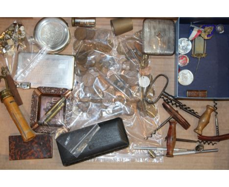 A mixed collection of items to include UK coinage, masonic medal, commemerative medals, corkscrews, snooker cue file, cufflin