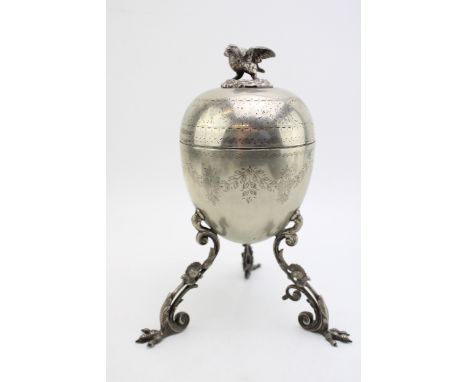Victorian silver plated egg coddler, raised on chicken feet, with bird finial, 25cm tall.  Burner present though missing the 