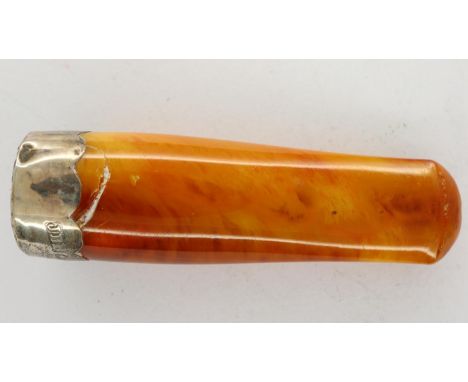 Butterscotch amber cheroot holder with hallmarked silver collar, visible crack to amber, L: 70 mm. UK P&amp;P Group 1 (£16+VA