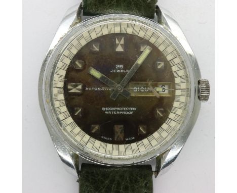 SICURA (Breitling): automatic 25 jewel gents wristwatch with date aperture on a green leather strap, not working at lotting, 