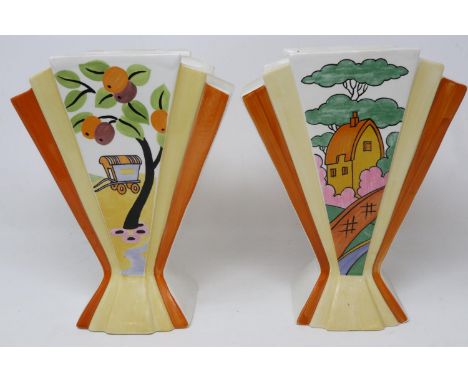 Pair of limited edition Clarice Cliff Sunray vases, Caravan and Orange Roof Cottage, no cracks or chips, H: 22 cm. UK P&amp;P