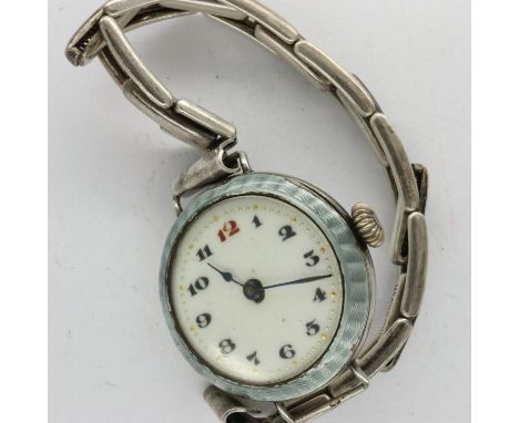 925 Hallmarked silver wristwatch with pale blue Guilloche enamelling by G. Stockwell, London assay 1917, with sterling silver