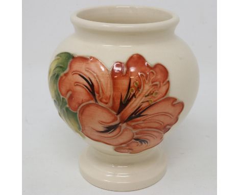 Moorcroft baluster vase in the Coral Hibiscus pattern, no cracks or chips, H: 10cm.  UK P&amp;P Group 1 (£16+VAT for the firs