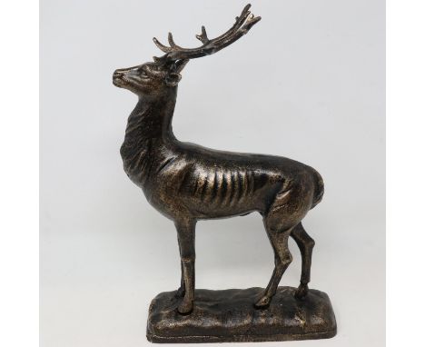 Bronzed cast iron standing stag, H: 32 cm. UK P&amp;P Group 3 (£30+VAT for the first lot and £8+VAT for subsequent lots) 