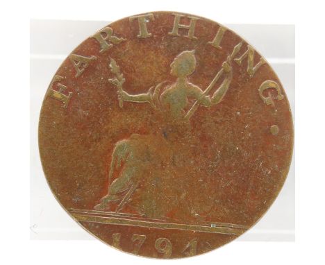 1794 copper farthing token, Isaac Newton. UK P&amp;P Group 0 (£6+VAT for the first lot and £1+VAT for subsequent lots) 