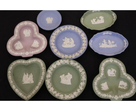 Eight Wedgwood Jasperware trinket dishes, no cracks or chips. UK P&amp;P Group 2 (£20+VAT for the first lot and £4+VAT for su