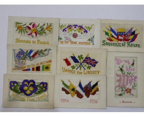 Eight early 20th century embroidered silk postcards. UK P&amp;P Group 1 (£16+VAT for the first lot and £2+VAT for subsequent 