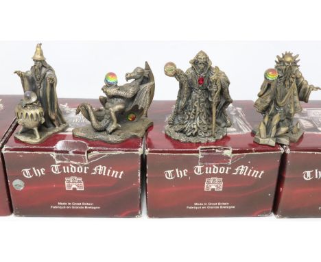 The Tudor Mint Myth &amp; Magic: four cast pewter figures, The Sleepy Dragon, The Cauldron of Light, The Wizard of Winter and