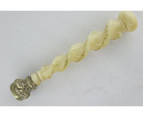 Antique hand turned bone, silver and onyx table seal, Handle L: 45 mm, Overall L: 52 mm. UK P&amp;P Group 1 (£16+VAT for the 