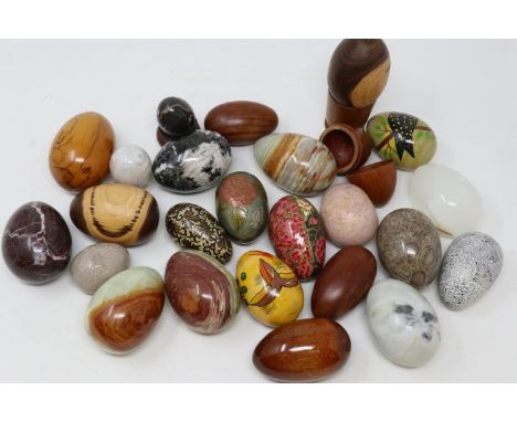 Twenty five decorative eggs in wood, marble and brass. UK P&amp;P Group 3 (£30+VAT for the first lot and £8+VAT for subsequen