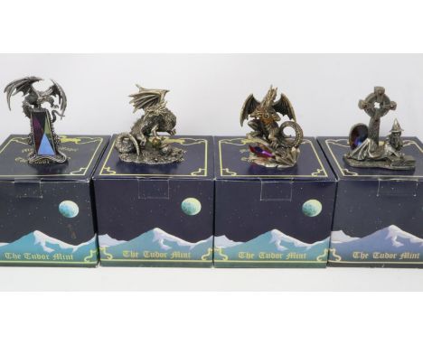The Tudor Mint Myth &amp; Magic: four cast pewter figures, The Celtic Wizard, Crystal Secrets, Under the Dragons Spell and Th