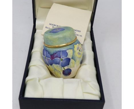 Moorcroft enamel small covered jar in the Pansy pattern, H: 55 mm, boxed, enamel in very good condition, very slight signs of