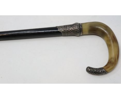 Ebony walking stick with hallmarked silver mounts and horn handle. UK P&P Group 3 (£30+VAT for the first lot and £8+VAT for s