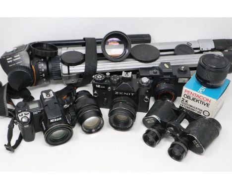 Mixed camera lot including Nikon &amp; Zenit cameras, lenses and heavy duty Bilora tripod. UK P&amp;P Group 3 (£30+VAT for th