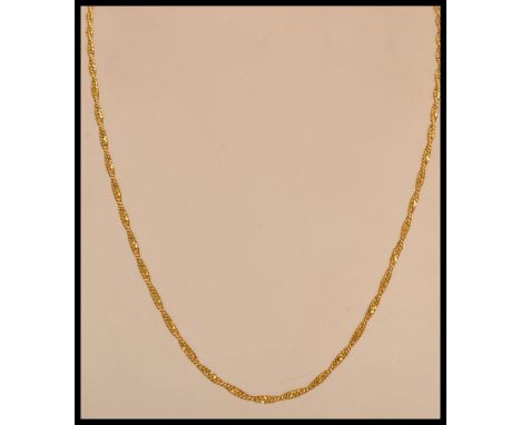 A hallmarked 9ct gold rope twist necklace chain having a bolt ring clasp. Weighs 10.2 grams. Measuers 50.5cm in length.&nbsp;