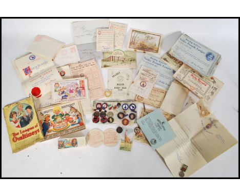 A selection of vintage 20th century enamel badges to include two Daily Mail Teddy Tall League 1937 badges, two Mickey Mouse C