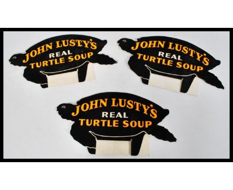 A trio of rare vintage 20th century point of sale freestanding adverting cards for John Lusty's Real Turtle Soup, in the shap