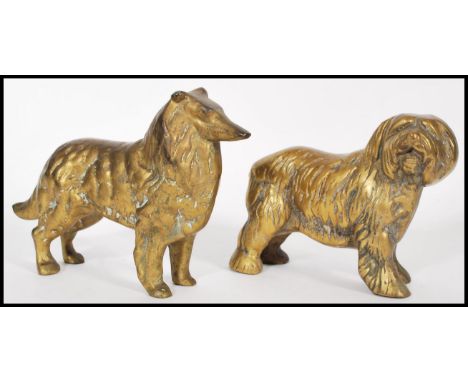 A pair of early 20th century cast brass figures of dogs comprising of a Rough Collie and a bearded Collie. Measures 19cm-high