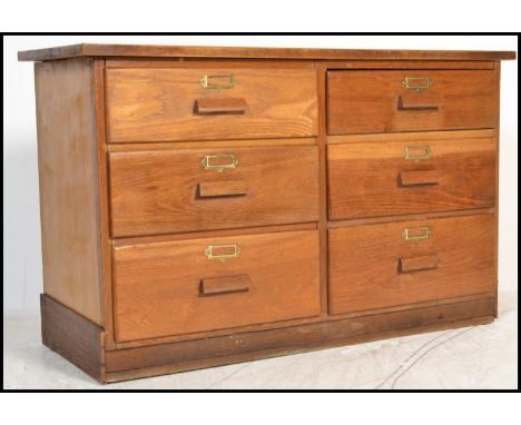 A vintage Industrial mid 20th Century oak science lab / laboratory chest of drawers / plan chest, double bank of three drawer