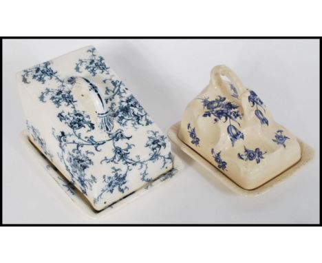 Two 19th Century Victorian ceramic blue and white transfer printed cheese dishes, both with liners, scroll handles, marks to 