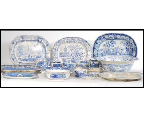 A selection of late 19th/ early 20th century blue and white ceramic wares to include a selection of meat platters, breakfast 