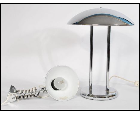 A retro 20th Century chromed mushroom desk lamp, fitted with a mushroom shade raised on a pedestal base together with a wall 