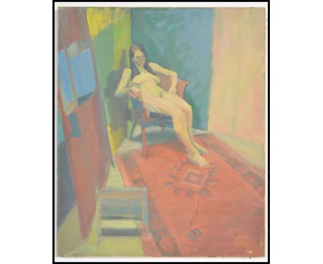 A 20th Century abstract oil on canvas portrait study of a nude, the full length study of a naked female recumbent in a chair,