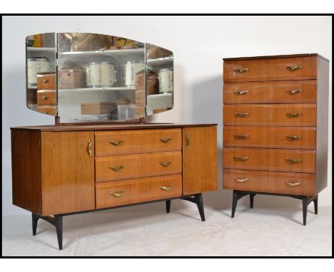 A vintage 1960's Meredew lacquered pedestal chest of drawers and matching dressing table chest. Each raised on ebonised legs 