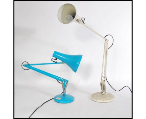 A good Herbert Terry anglepoise&nbsp; industrial desk lamp in rare original blue colourway having pendant shade and circular 