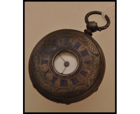 A 19th Century ladies continental half hunter silver pocket watch, the chase decorated case with blue enabled Roman numeral c