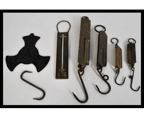 A set of 20th century Salter spring balance brass weighing scales to include Salter pocket balance no.3 to weigh 100n, a Germ