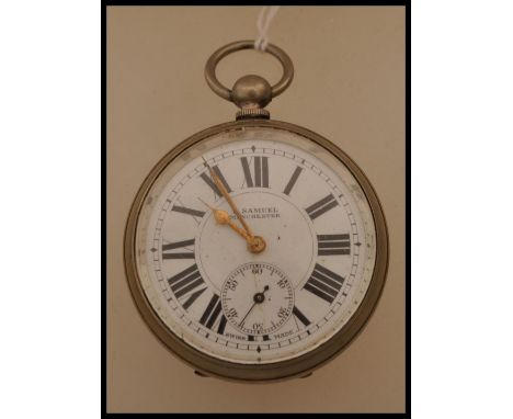 An early 20th century silver plated open faced key wind pocket watch by H Samuel, Manchester with inset swiss movement. The d