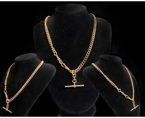 9ct Rose Gold Albert Chain featuring a T Bar &amp; Two Dog clips. Each link is hallmarked '9' as well as the T Bar and Dog cl
