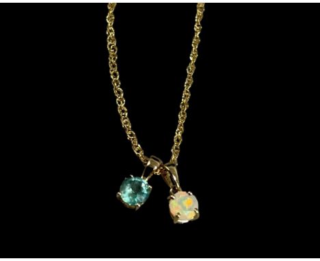 Two 9k Opal &amp; Green set Pendants Accompanied by a 9k Chain - This lot has a combined weight of 1.6 grams and the chain me