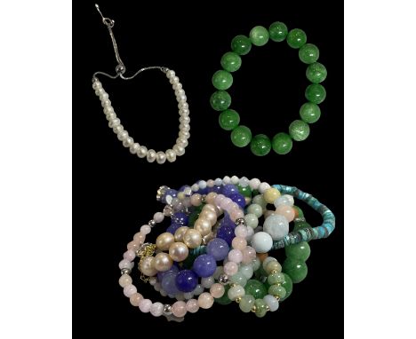 A selection of beaded bracelets all with 925 silver clasps including pearls &amp; jade