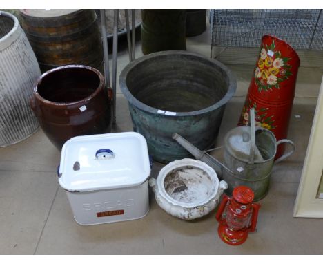 A painted barge ware coal hod and oil lantern, galvanised pot, kettle, etc. 