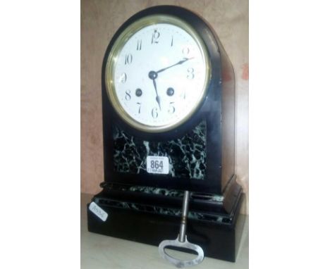 BLACK SLATE &amp; MARBLE DOMED MANTEL CLOCK ARABIC NUMERALS WITH KEY, NO PENDULUM, SMALL CHIPS TO SIDE