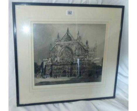 ETCHING OF EXETER CATHEDRAL SIGNED HANSLIP FLETCHER WITH OLD HAND WRITTEN LABEL ON THE BACK STATING ''PRESENTED TO COUNTESS F