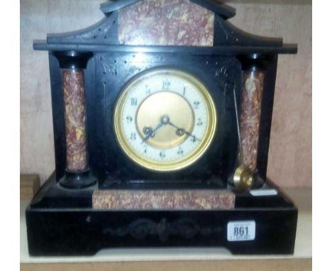 BLACK SLATE &amp; MARBLE MANTEL CLOCK WITH PENDULUM - NO KEY