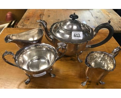 3 PIECE SILVER PLATE SET, TEAPOT, MILK JUG, SUGAR BOWL &amp; UNMARKED WHITE METAL GRAVY BOAT