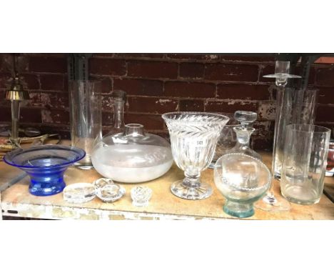 SHELF OF GLASSWARE WITH GOOD QUALITY VASE &amp; 2 DECANTERS ETC