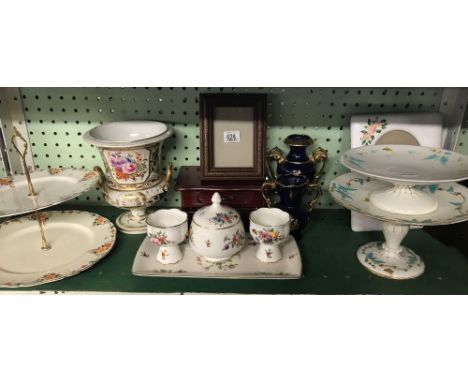 SHELF OF MINTON CHINAWARE CONSISTING OF - CAKE PLATES, JARDINIERE, PHOTO FRAMES, CHEST JEWELLERY BOX ETC