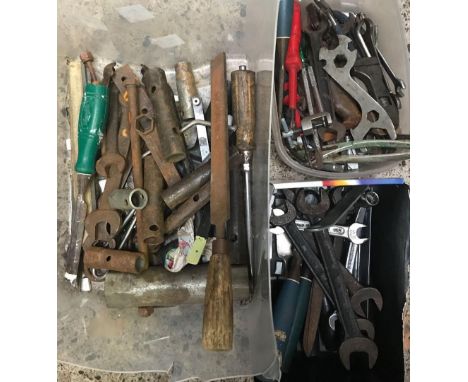 CARTON OF VARIOUS TOOLS MOSTLY SPANNERS, SCREW DRIVERS, CHISELS ETC