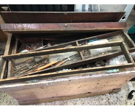 LARGE PAINTED WOODEN CHEST WITH QTY OF TOOLS