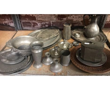 SHELF WITH QTY OF PEWTER &amp; OTHER METAL OBJECTS
