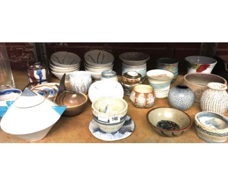 SHELF WITH QTY OF ART POTTERY INCL; VASES, DISHES, BOWLS ETC