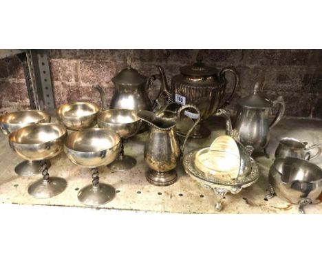 SHELF OF PLATEDWARE INCL;  TEAPOT, GOBLETS ETC