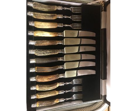 PLATED GALLERY TRAY WITH HANDLES &amp; BOXED MAPIN &amp; WEBB STEAK KNIFE &amp; FORK BONE HANDLED SET