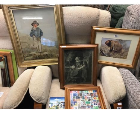 QTY OF PINE FRAMED PICTURES CONSISTING OF ELEPHANTS,  PRINTS, A GOLD FRAMED PICTURE OF PORTRAIT OF BOY, CANVAS PICTURE OF GRE