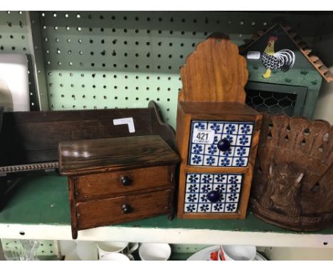 SHELF WITH OAK BOOK STAND, EGG STORAGE HOUSE &amp; LITTLE MINIATURE CHEST OF DRAWERS ETC